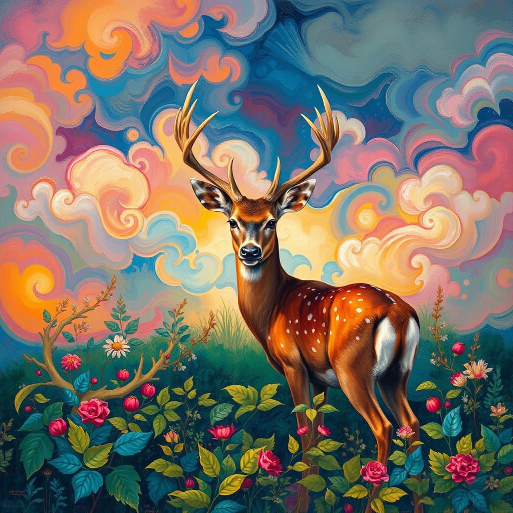 Whimsical Deer in Vibrant Foliage and Iridescent Clouds