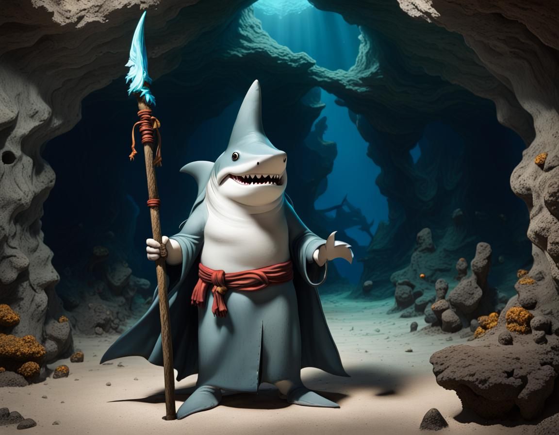 Bearded Shark Wizard Guarding Cave Entrance