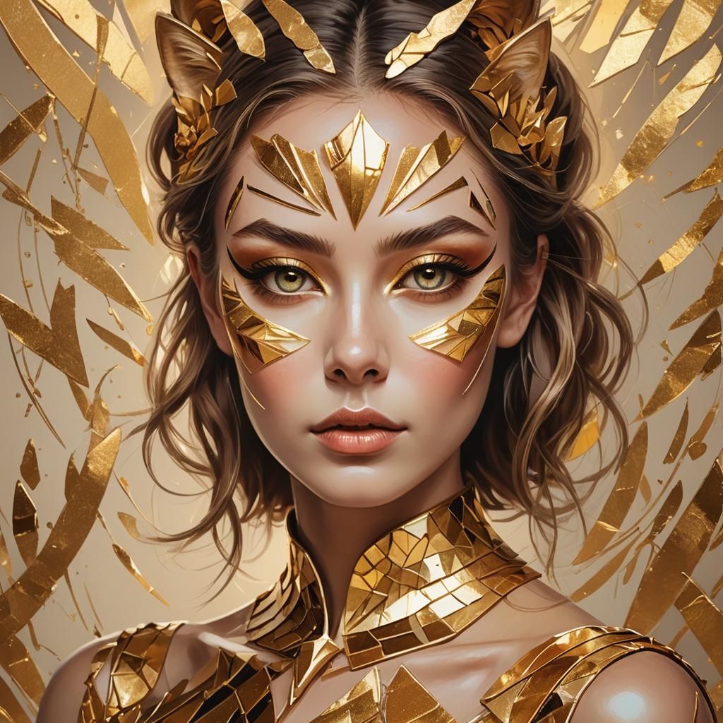 Golden Cat Eye Makeup in Digital Art Style