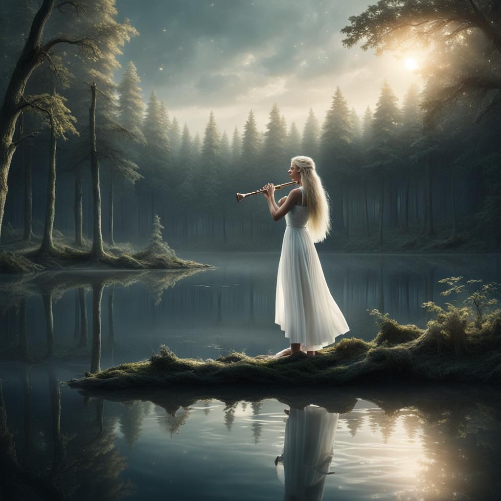 Woman Playing Flute in Forest Clearing