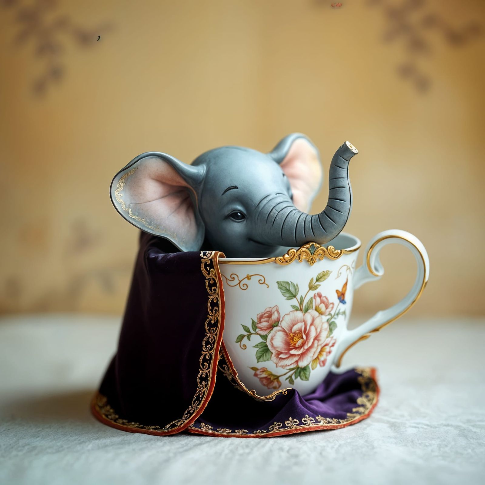 A Tiny Elephant Hides Behind a Delicate Teacup