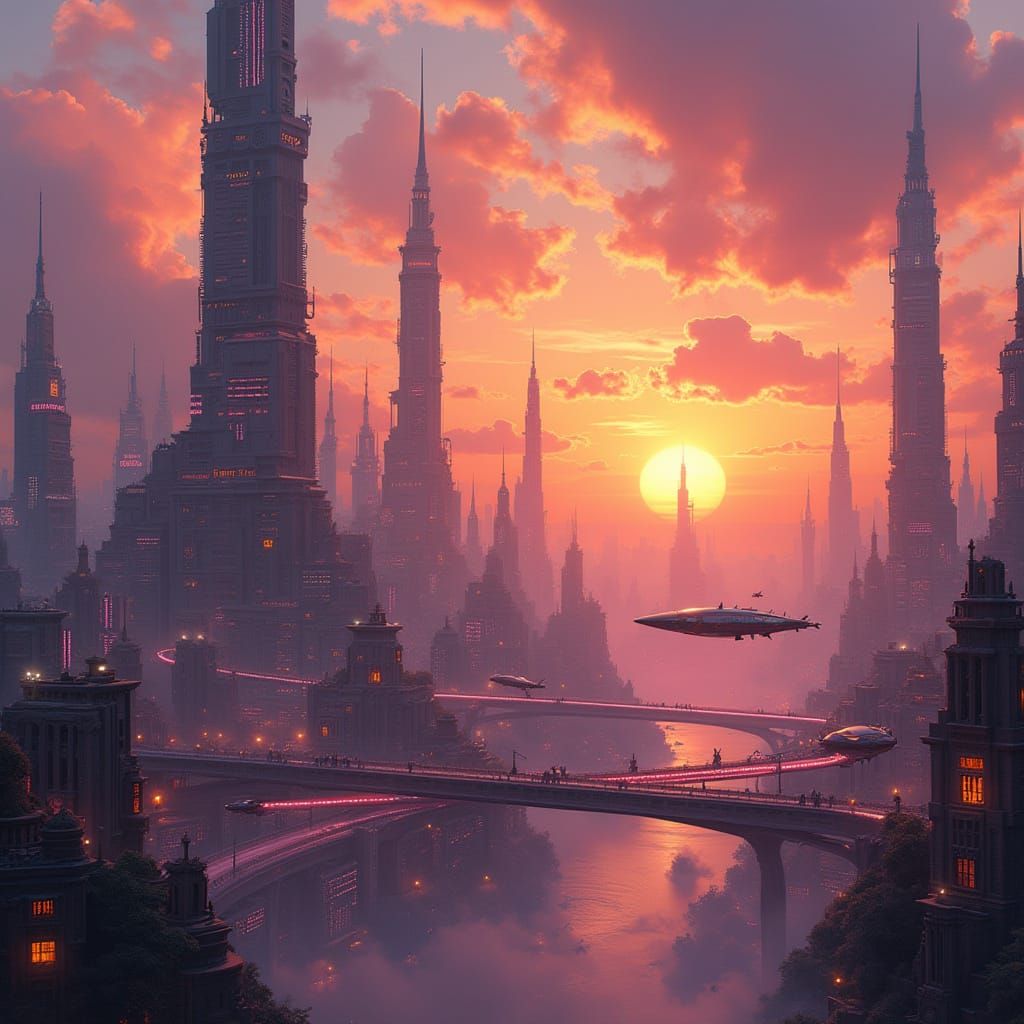 Hyperrealistic Futuristic Cityscape at Sunset in Ethereal St...