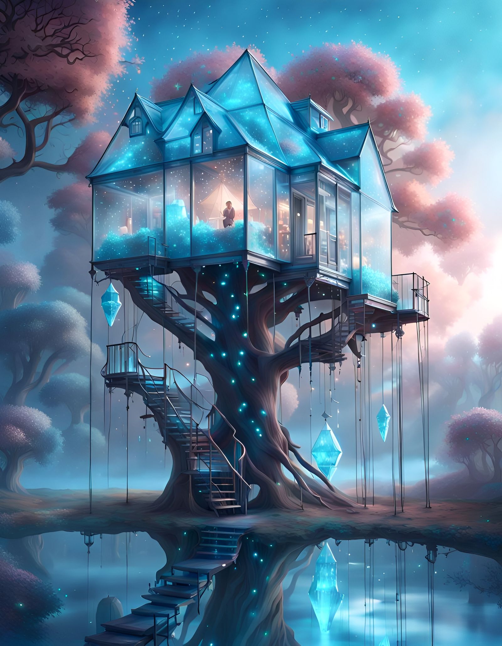 Cerulean Glass Treehouse with Crystal Stars, Digital Art