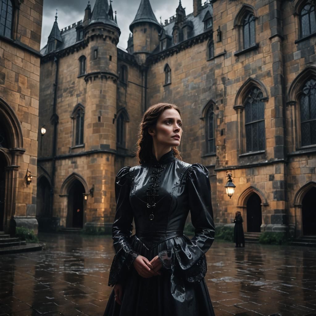 Elegant Lady in Rainy Castle: Gothic Romanticism