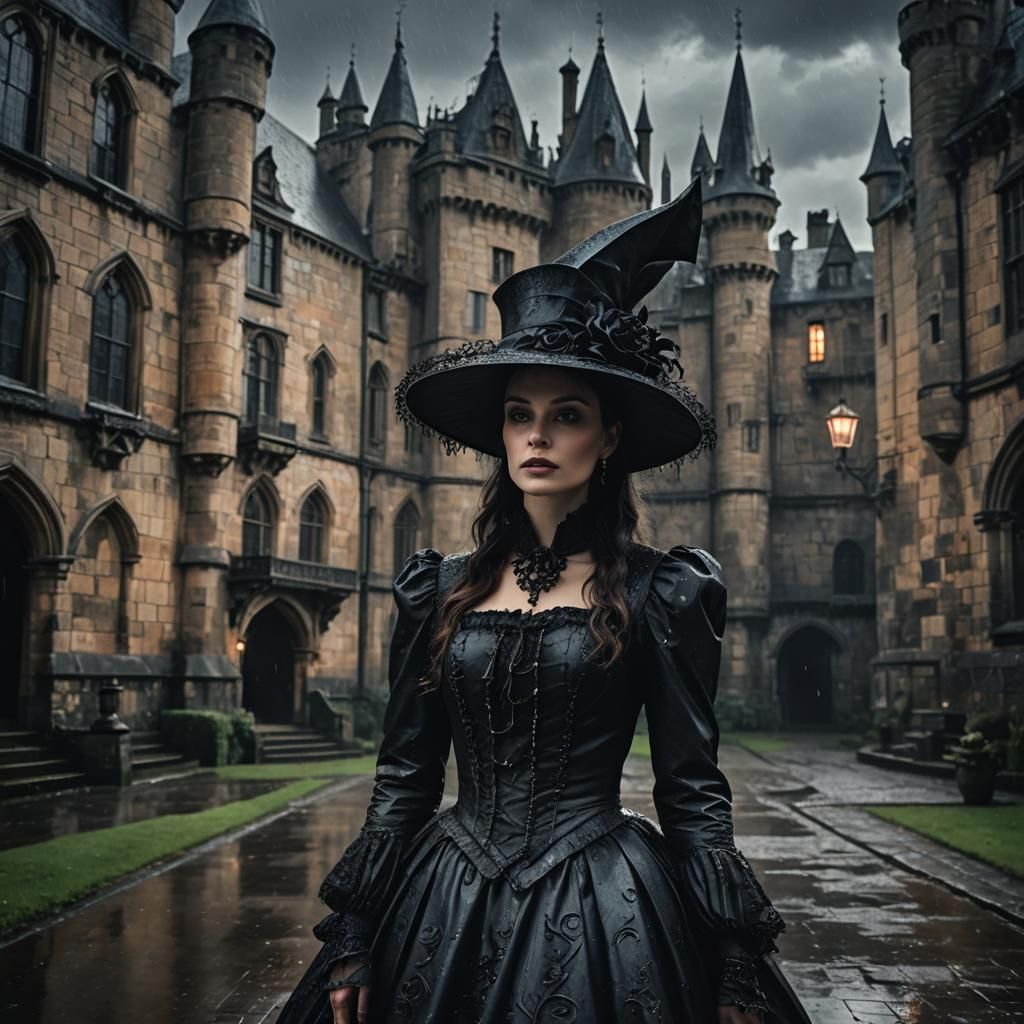 Elegant Lady in Rainy Castle Courtyard, Gothic Style