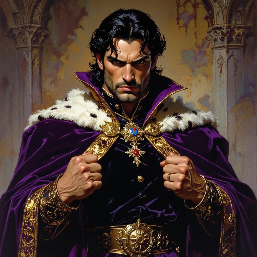 Majestic King in Purple Robe, Angry Medieval Portrait