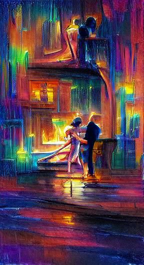 Couple Dancing in Neon Rain, Watercolour Style