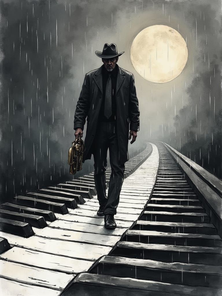 Jazzman Walks on Giant Piano Keyboard in Rainy City