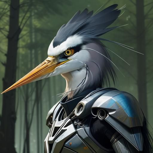 Cyborg Heron in Forest: Hyperrealistic Concept Art