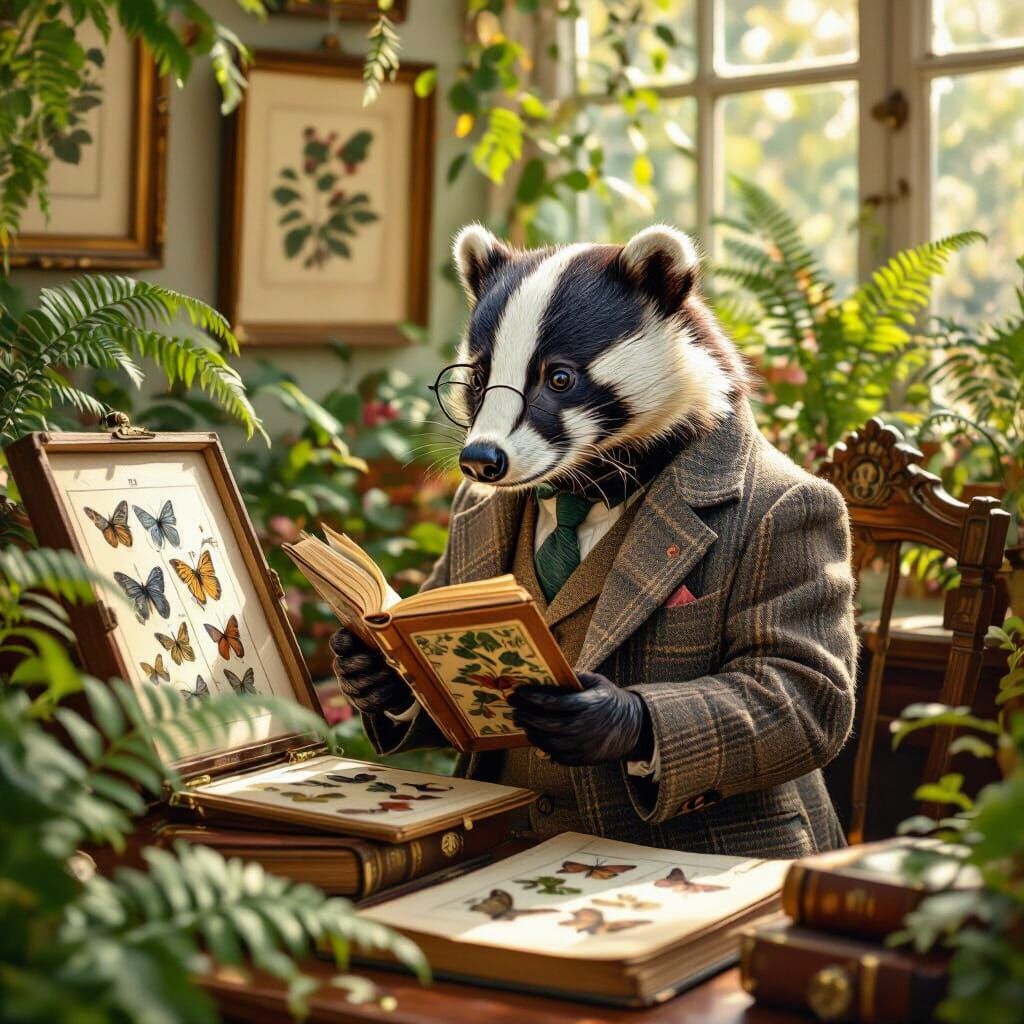 Badger Cataloging Butterflies in Sunlit Conservatory