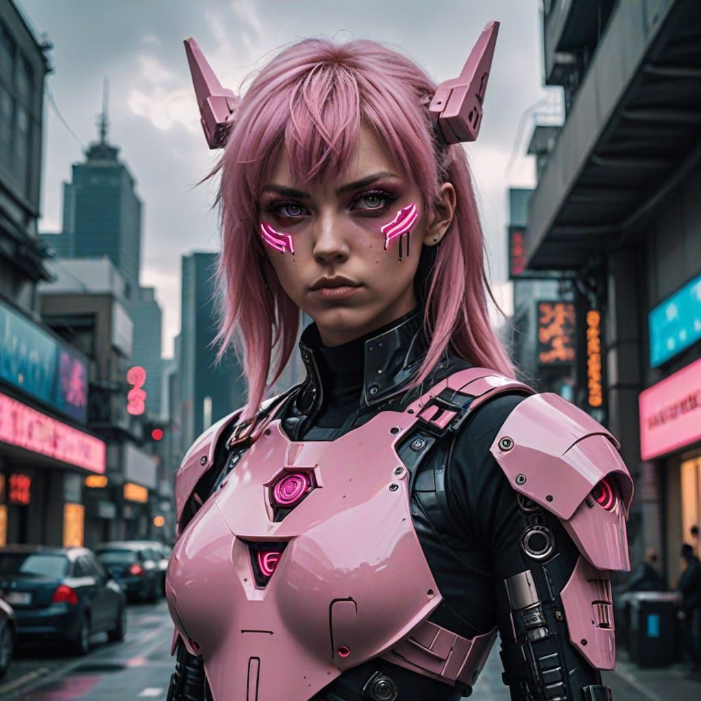 Cyberpunk Warrior with Piercing Pink Eyes Stares Intensely