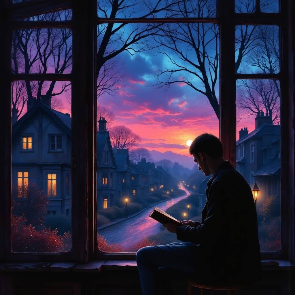 Solitary Reader by Twilight Window in Melancholic Oil Style