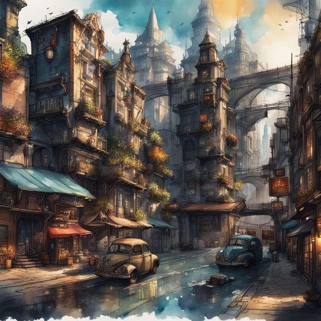 Detailed Urban Sketch in Ink and Watercolor