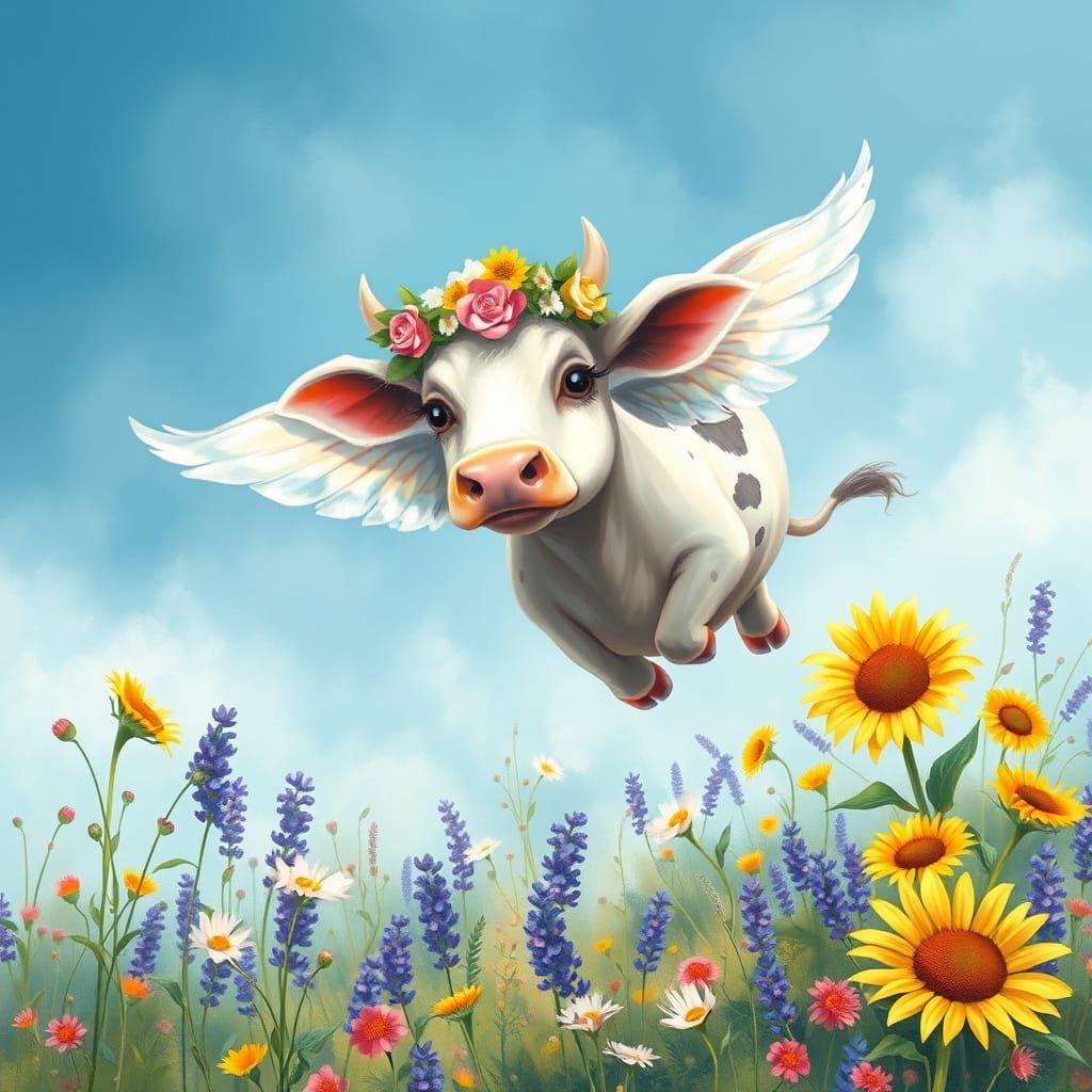 Winged Cow Flies Over Wildflower Meadow