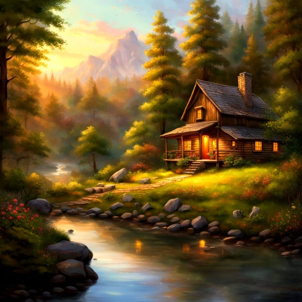 Cozy Cabin by a Stream in a Peaceful Forest