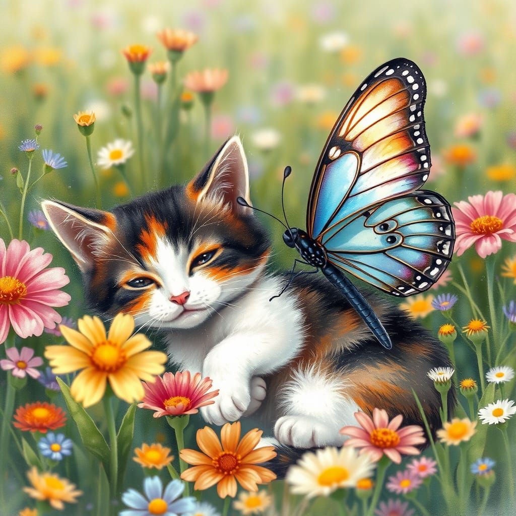 Luminous Butterfly Lands Beside Curious Calico Cat in Enchan...