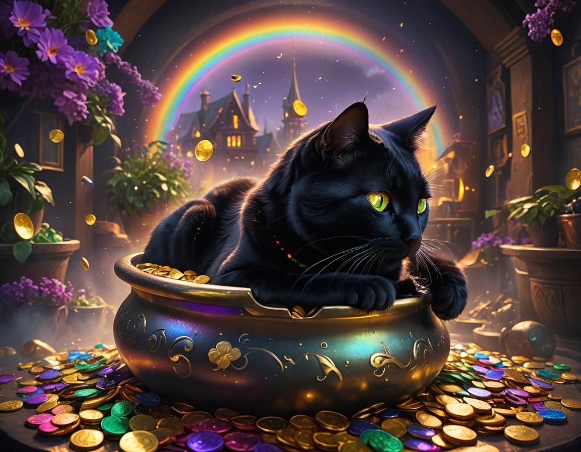 Black Cat Curled in Pot of Rainbow Gold
