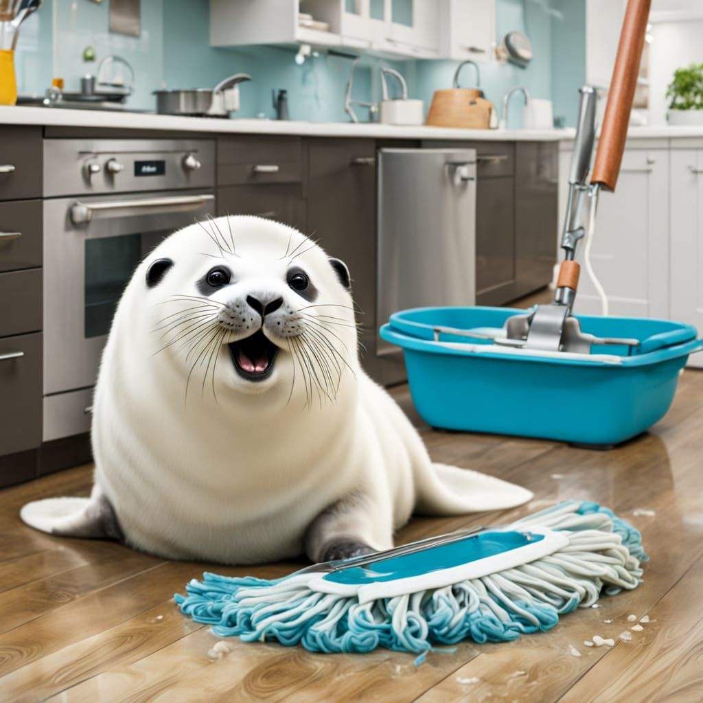 Happy Harp Seal Mops Kitchen Floor
