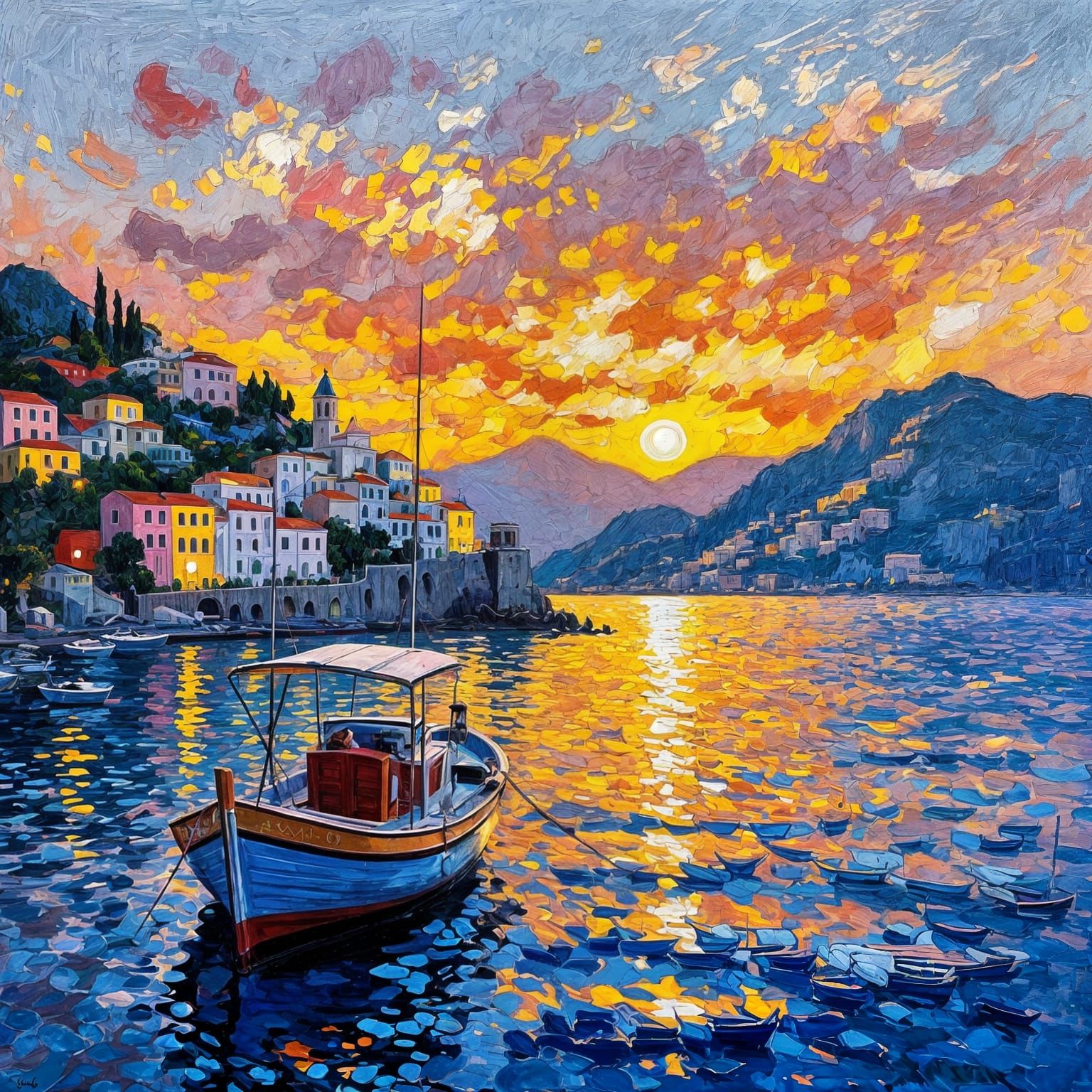 Positano Sunset in Impressionistic Style