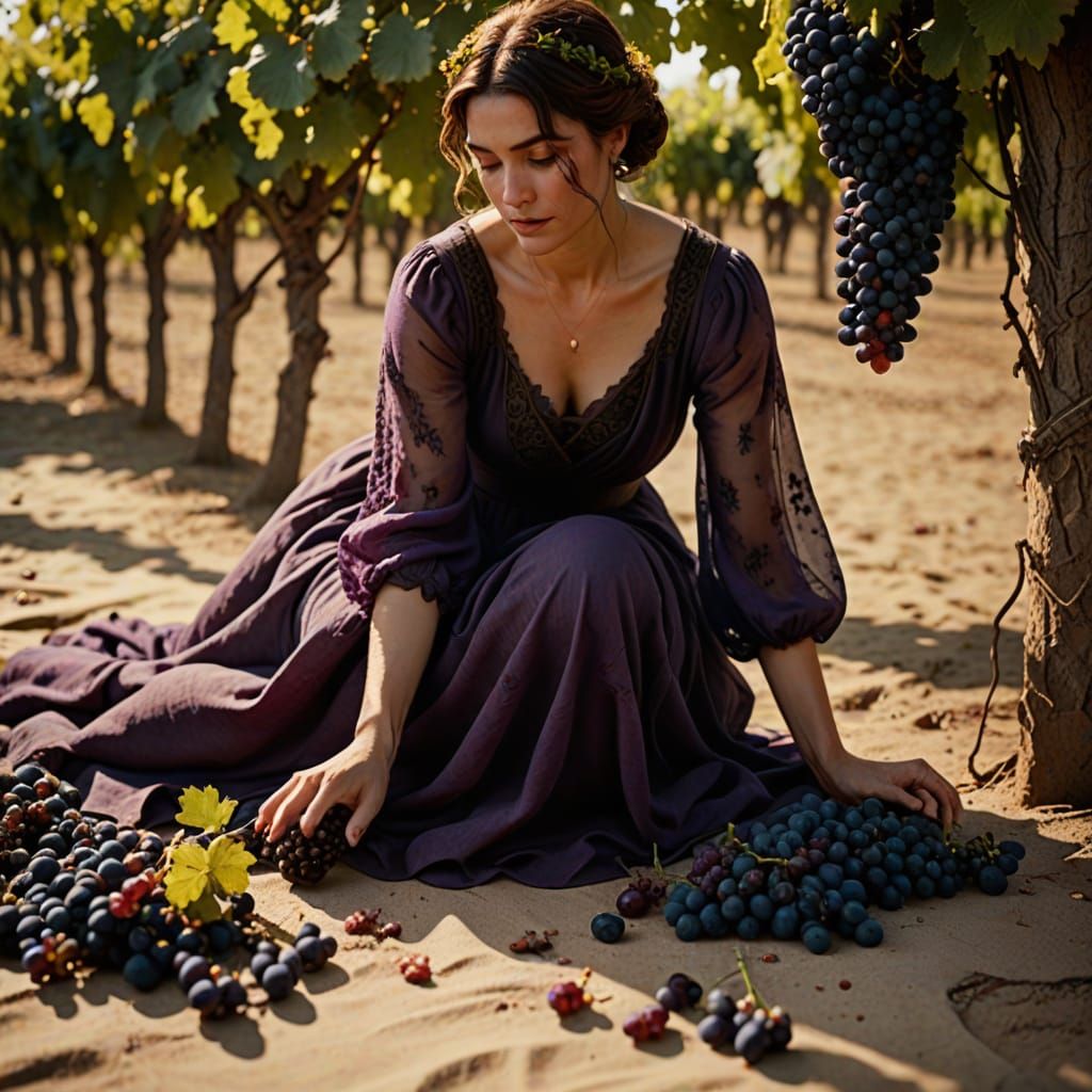 Woman Crushing Grapes in Mediterranean Sunlight