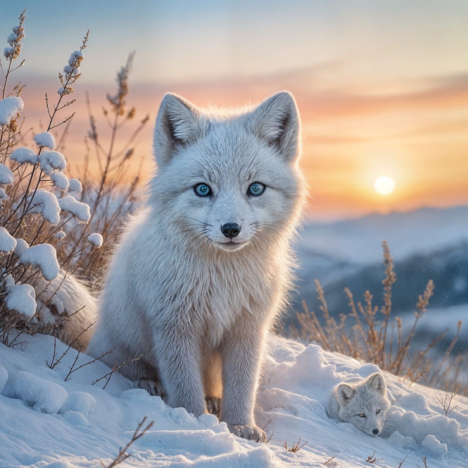 Arctic Fox Kit in Vibrant Watercolor Sunset