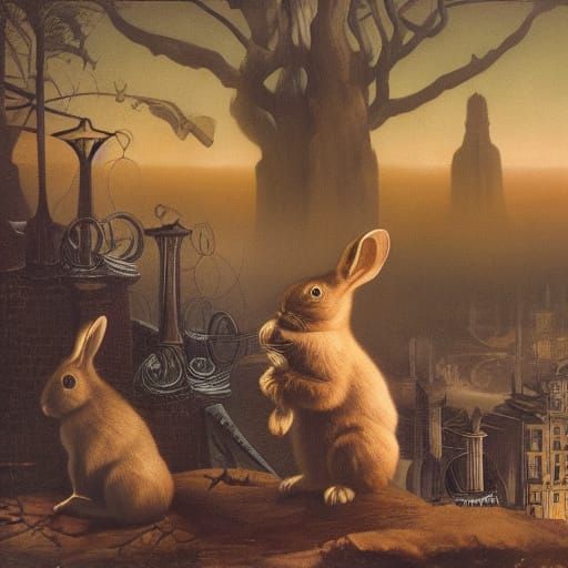 Rejecting Rabbit on Bridge in Dark Surrealism