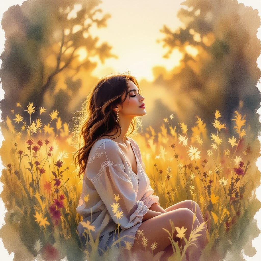 Serene Figure Embracing Self-Love in Golden Hour Watercolor
