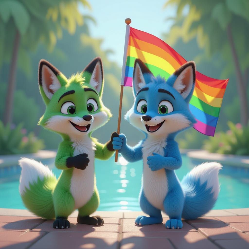 Two Anthro Foxes Holding Gay Pride Flag
