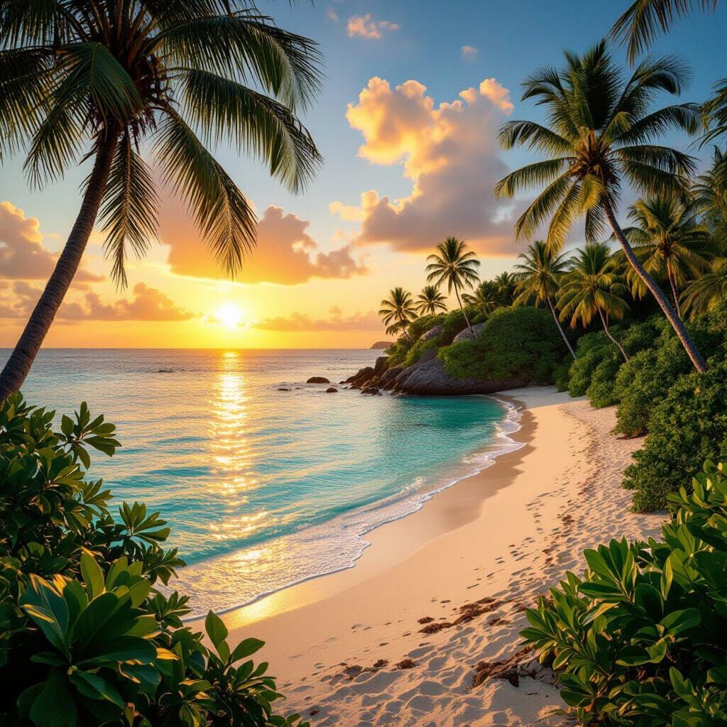 Idyllic Paradise Island at Golden Hour Sunset