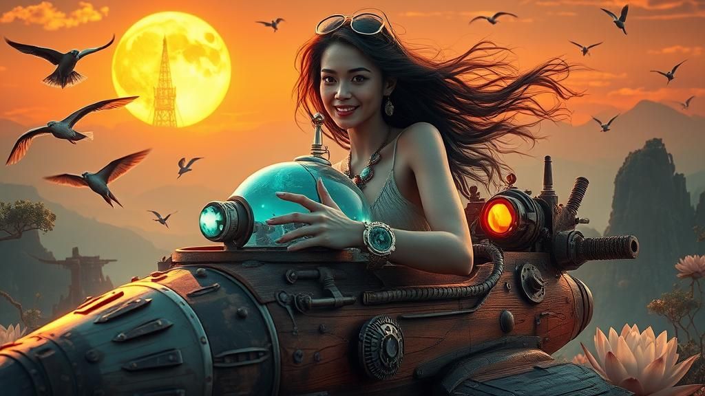 Mystical Woman Sails Spaceship Through Cosmic Sunset