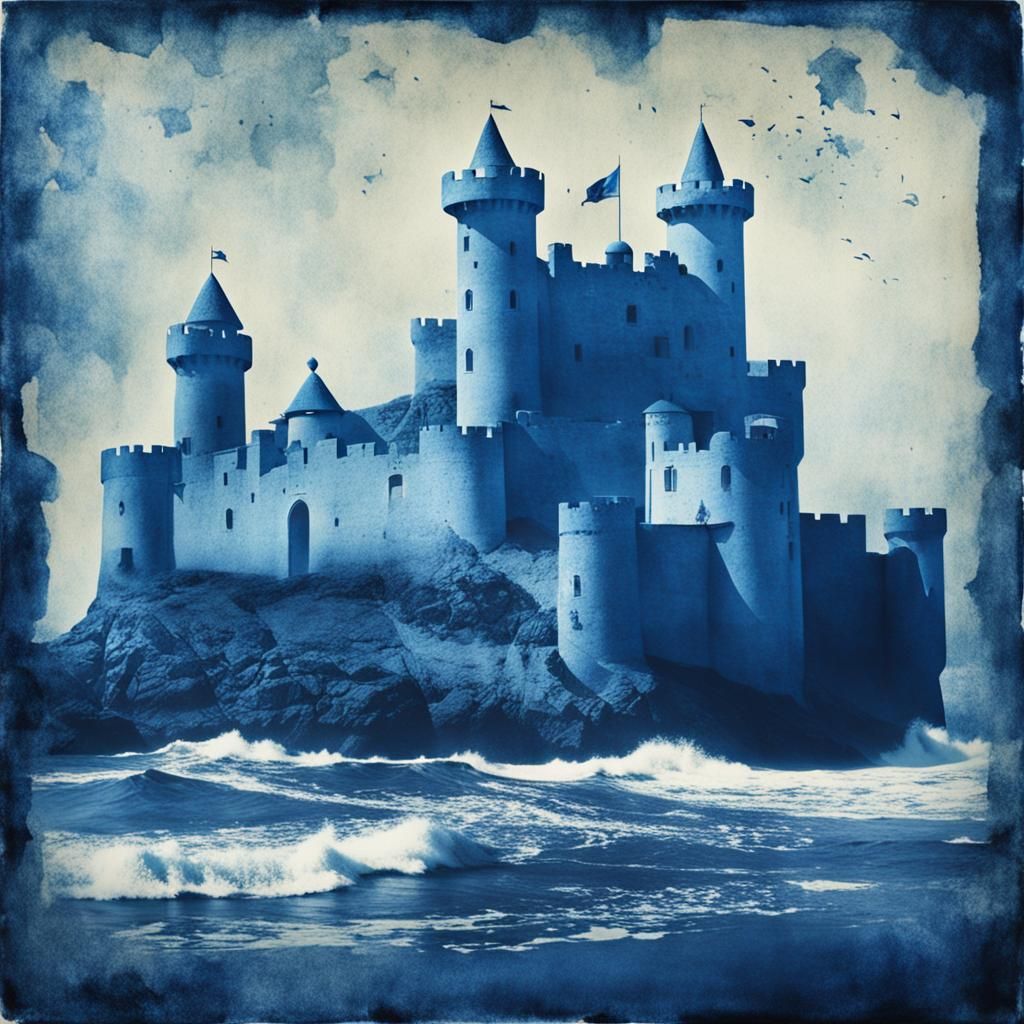 Coastal Castle in Cyanotype Style