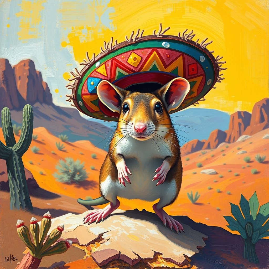 Desert Jumping Rat with Sombrero, in Modernist Style