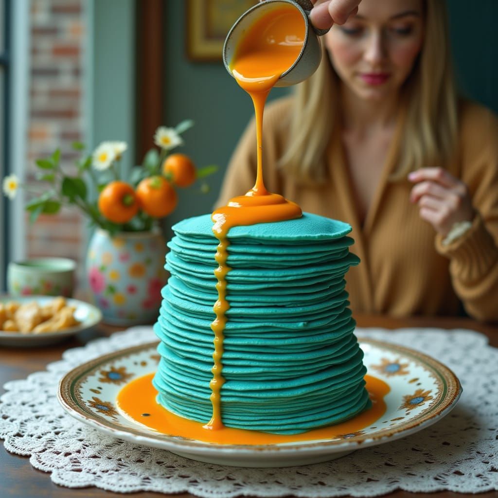 Turquoise Crepes in French Cafe: Impressionist Style