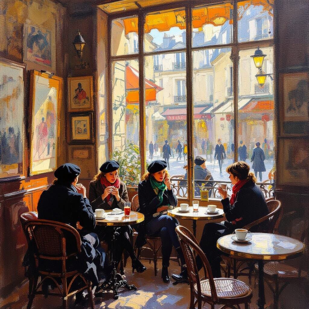 Cozy Parisian Cafe in Impressionist Oil Painting Style