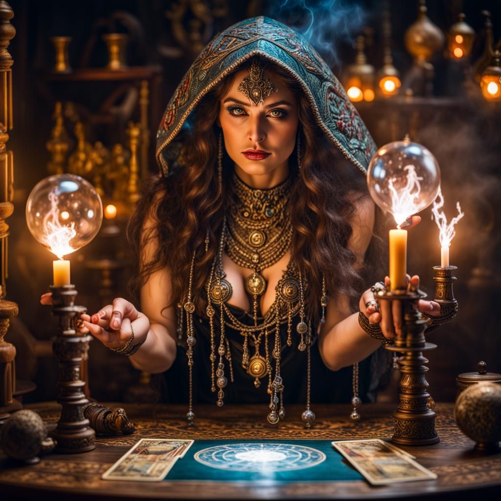 Electrified sorceress gypsy woman standing over table top mini kingdom using arc lightning, lightning balls and tarot ca...