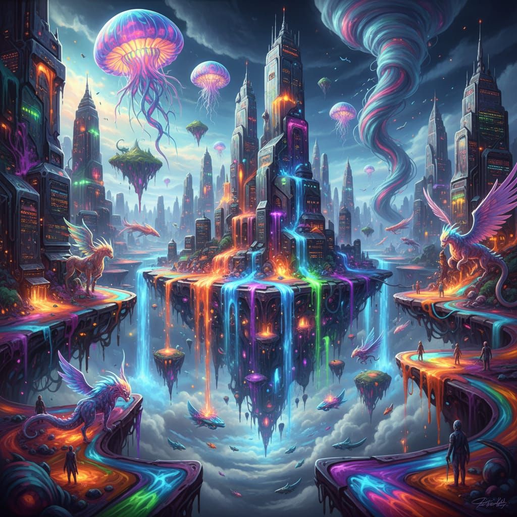 Hyper-Surreal Liquid City with Neon Waterfalls