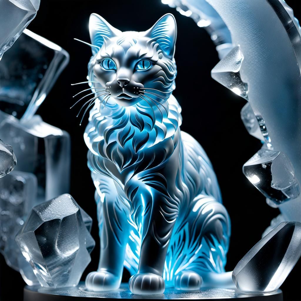 Hyperrealistic Ice Cat Sculpture in Sunlight