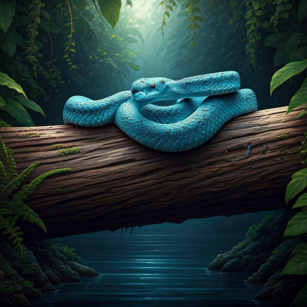 Blue Insularis Pit Viper Coiled Over Stream