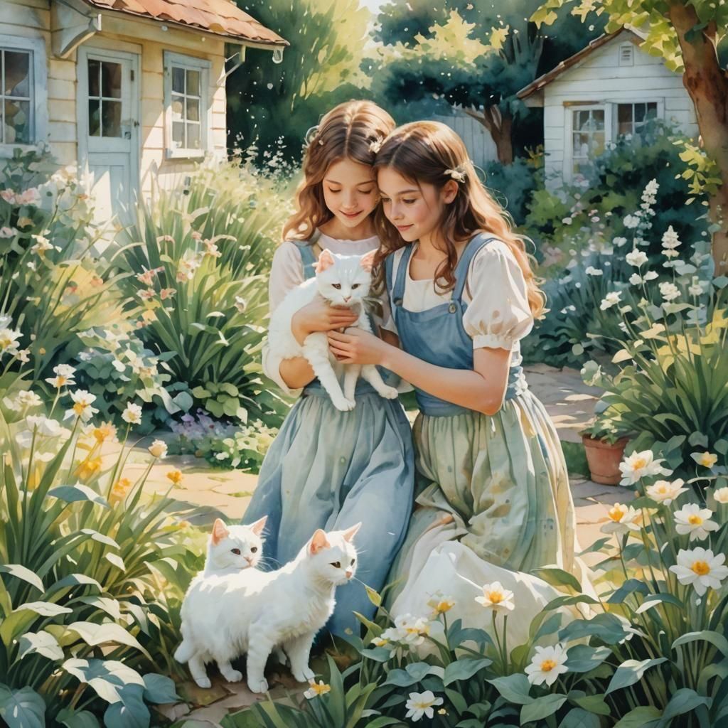 Girls Play with Kitten in Sunny Garden