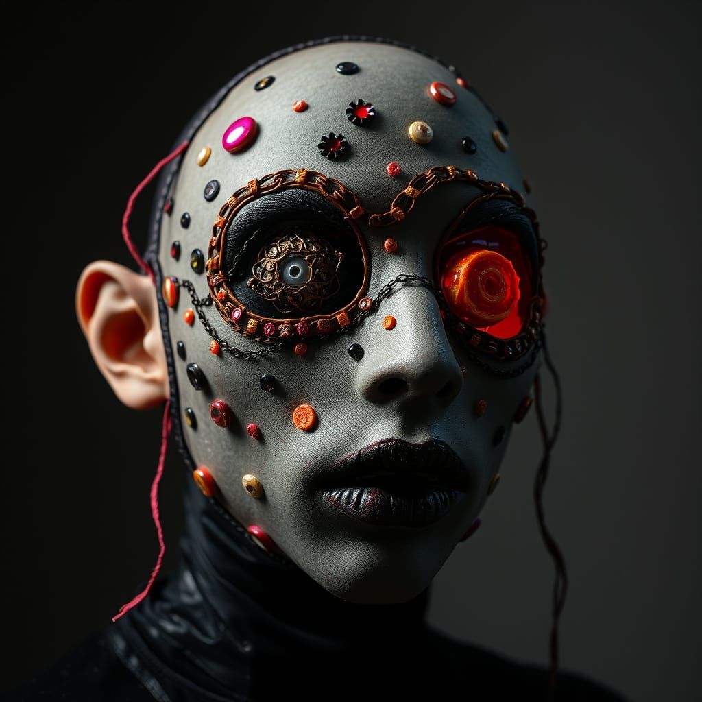 Eerie 3D Masked Face with Embroidery and Candy