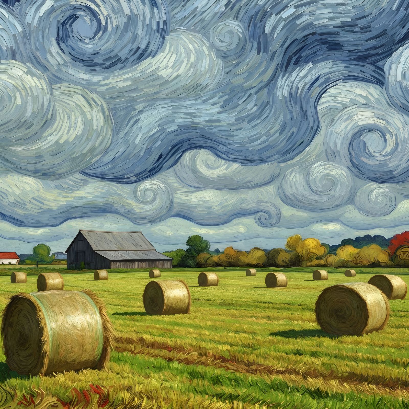 Surreal Autumn Farm Scene in Van Gogh Style