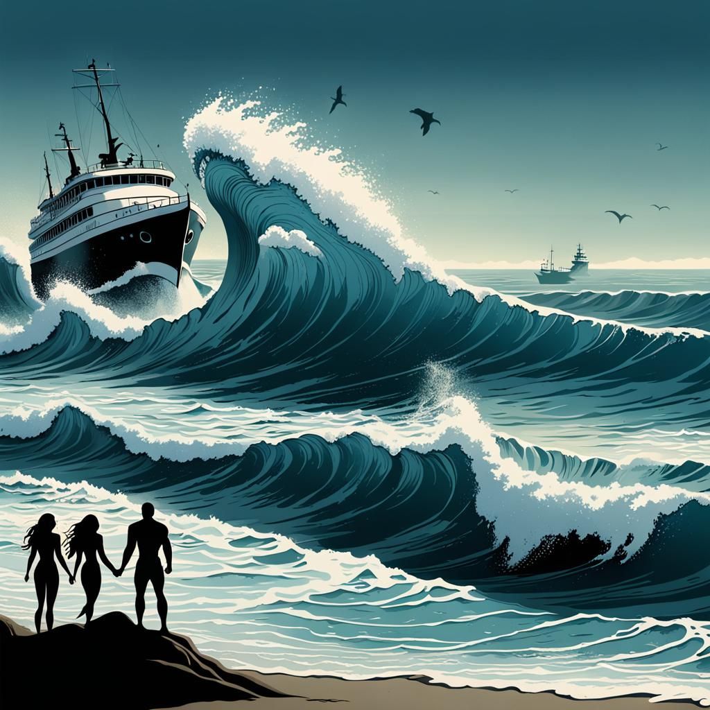 Tsunami Silhouette Art: Merman and Mermaid