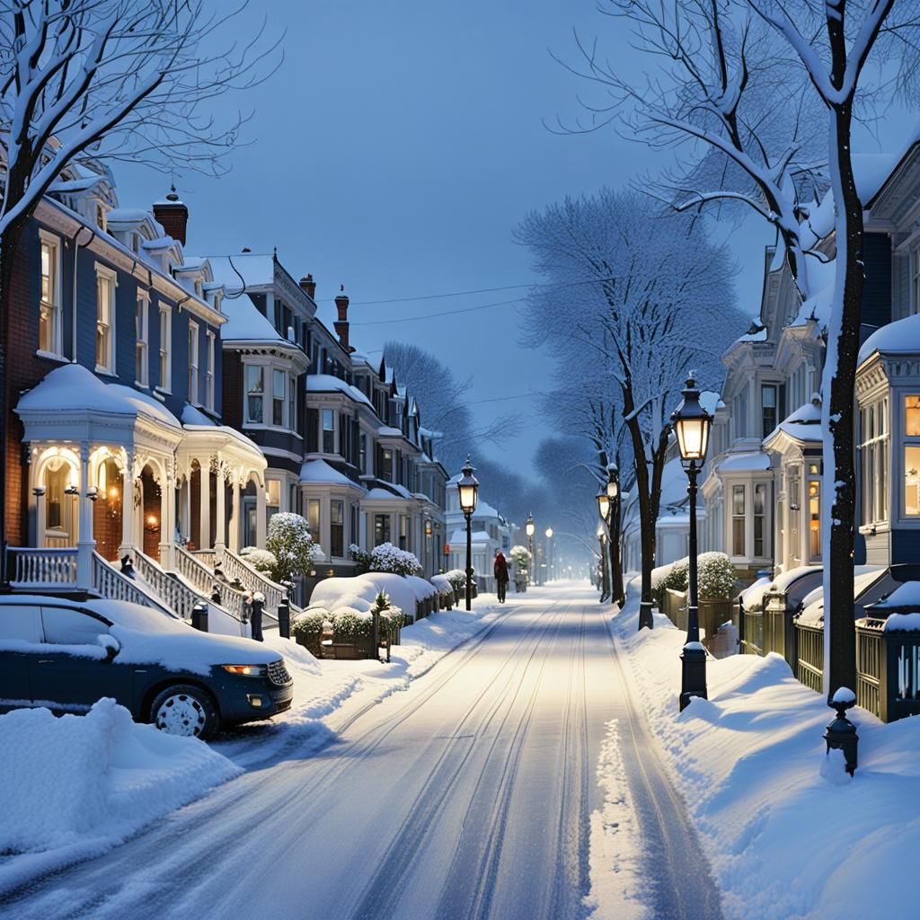 Victorian Winter Dusk Scene with Snow-Covered Houses