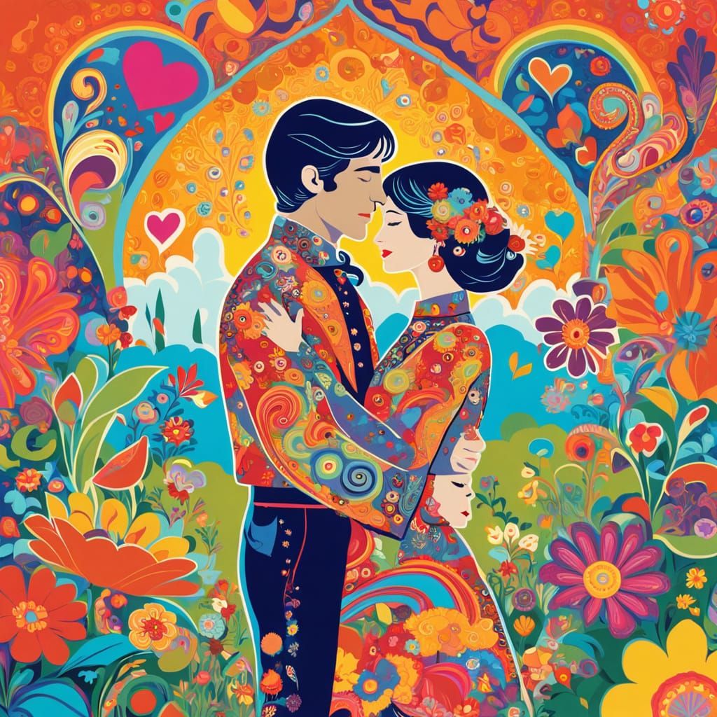 Psychedelic Hippie Lovers in 1960s Floral Garden