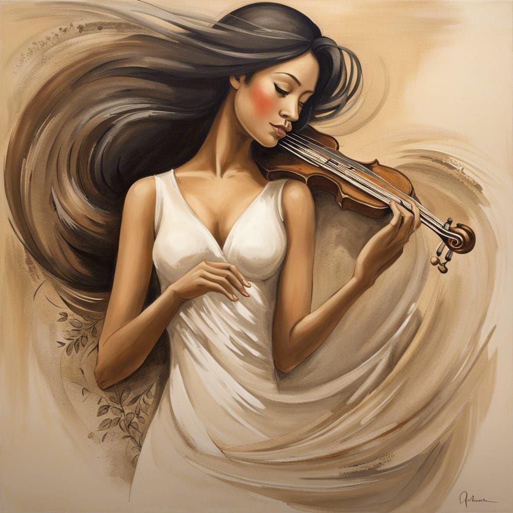 the elegance of a woman immersed in music. Depict her in a moment of serene concentration, with graceful posture and flo...