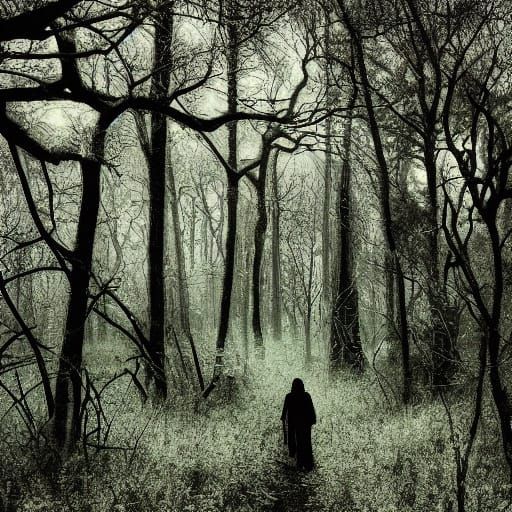 Mysterious Lone Figure Walks Through a Dark, Gnarled Forest