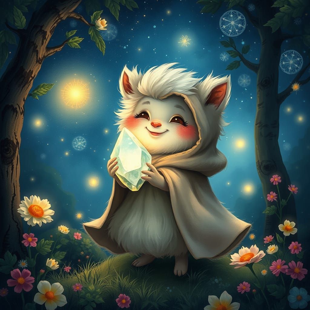 Fluffy Creature in Starry Forest, Dreamy Art Style