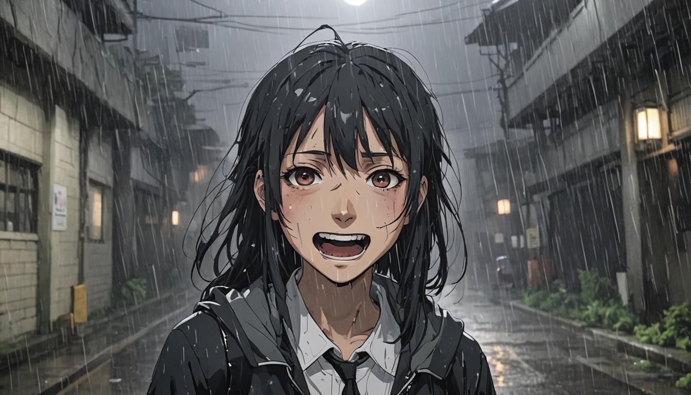 Creepy Anime Girl in Dark Rainy Corridor