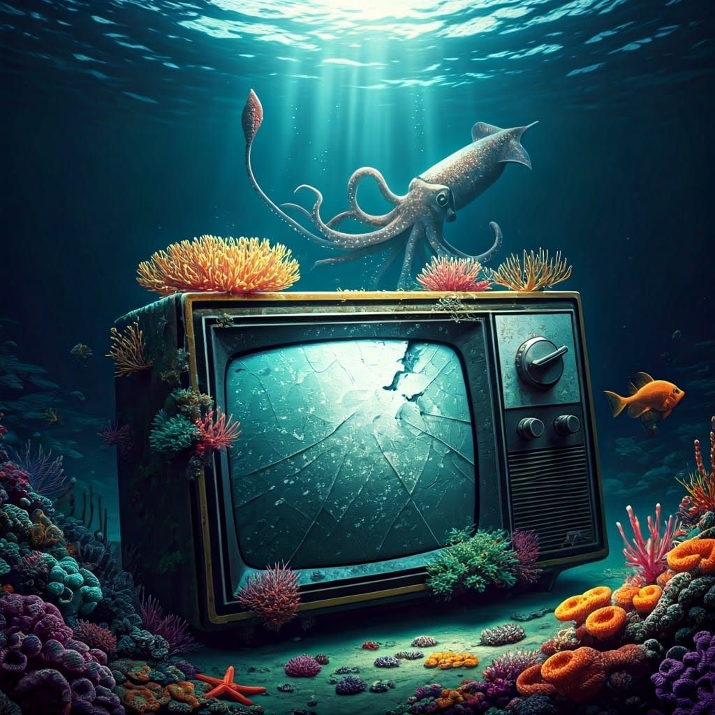 Submerged TV with Squid in Deep Ocean Scene
