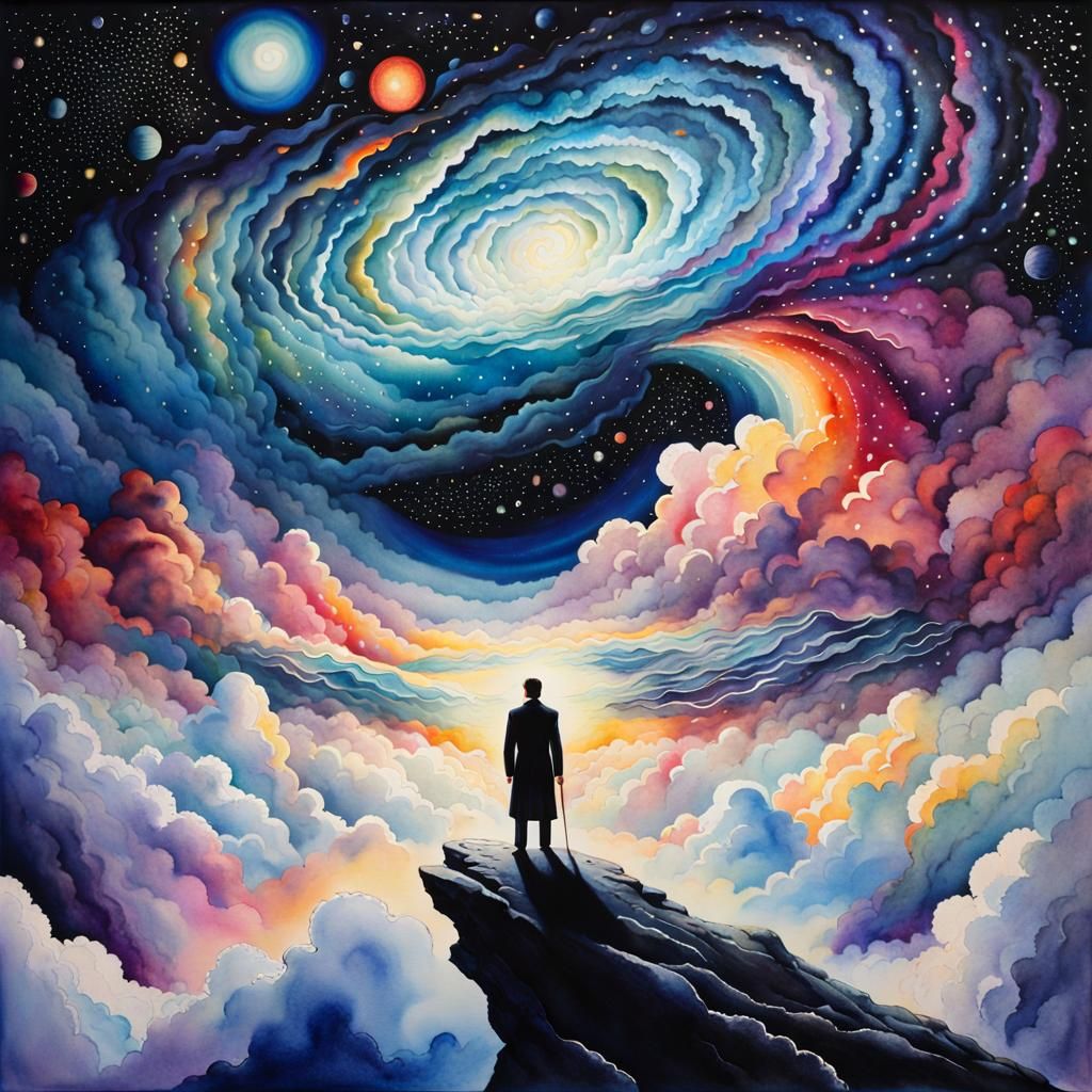 Man on Cloud Ocean in Watercolor Cosmos